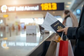 Tourist claiming VAT refund at Dubai Airport with shopping bags and documents"
