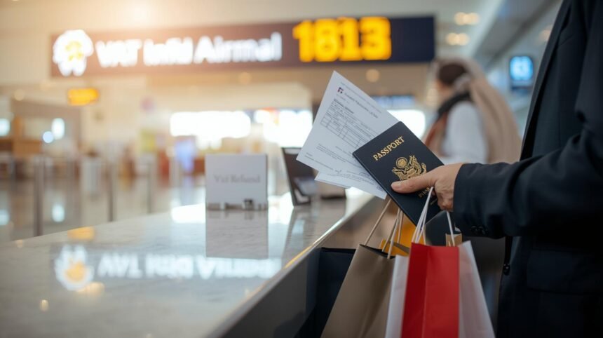 Tourist claiming VAT refund at Dubai Airport with shopping bags and documents"