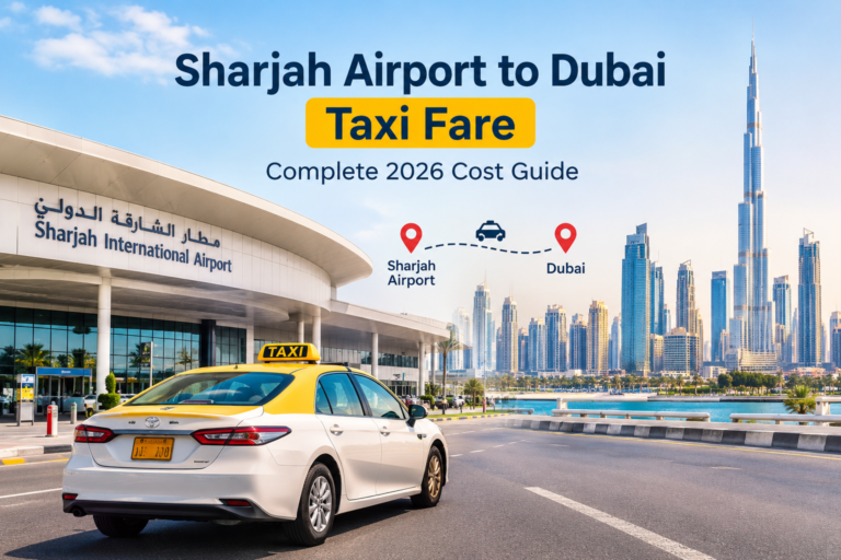 Taxi waiting at the arrivals area of Sharjah International Airport for passengers heading to Dubai